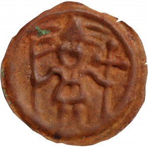Kujawy(?), medený brakteát 13. stor., rytier s krížom a zástavou