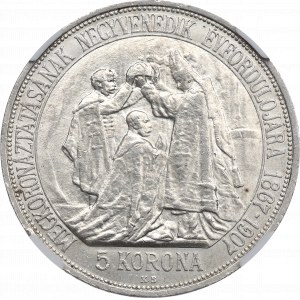 Maďarsko, František Jozef, 5 korún 1907 - 40. výročie korunovácie NGC MS62