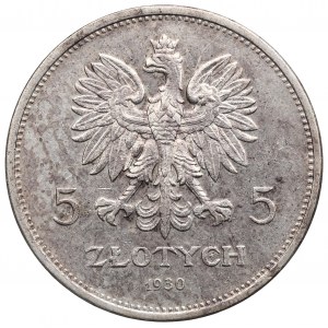 II RP, 5 złotych 1930 Sztandar - HYBRYDA awers GŁĘBOKI SZTANDAR