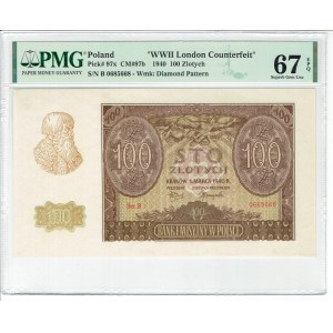 GG, 100 złotych 1940 - rzadsza seria B - WWII London Counterfeit - PMG 67 EPQ