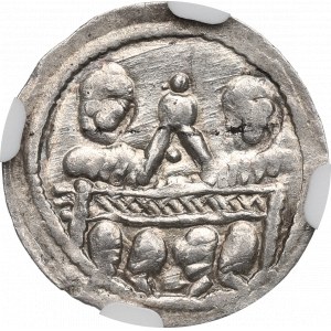 Boleslaw IV the Curly, Cracow, denarius, two behind the table - BEAUTIFUL