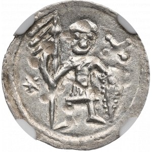 Boleslaw IV the Curly, Cracow, denarius, two behind the table - BEAUTIFUL