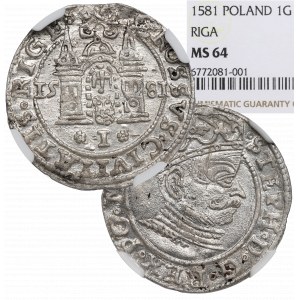Štefan Batory, haléř 1581, Riga - plné datum NGC MS64