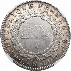 Francie, 6 Livres 1793 - NGC AU55