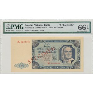 PRL, 20 złotych 1948 BC - SPECIMEN - PMG 66 EPQ