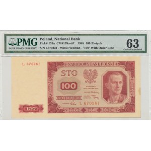 PRL, 100 złotych 1948 L - BARDZO RZADKI - PMG 63
