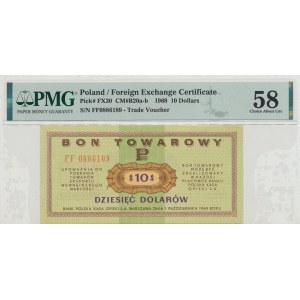 Pewex, Bon Towarowy, 10 dolarów 1969 - FF - PMG 58