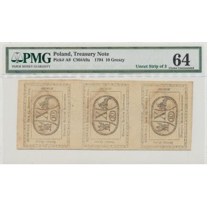 10 haléřů 1794 - nerozřezané 3 bankovky = zlotý - PMG 64