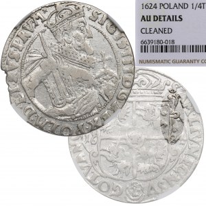 Zikmund III Vasa, Ort 1624, Bydgoszcz - PRV M KOKARDY NGC AU Podrobnosti