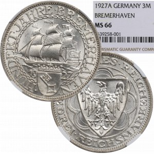 Německo, Výmarská republika, 3 marky 1927 A, 100. výročí přístavu Brémy - NGC MS66