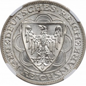 Německo, Výmarská republika, 3 marky 1927 A, 100. výročí přístavu Brémy - NGC MS66