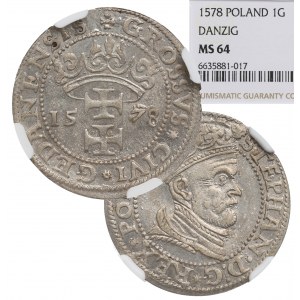 Stephan Bathory, Groschen 1578, Danzig - NGC MS64