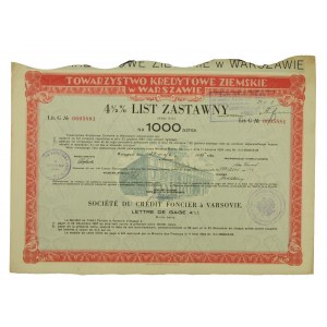List zastawny 4,5% Towarzystwo Kredytowe Ziemskie 1000 zł, 1935 r.