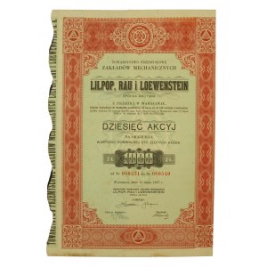 Dziesięć akcyj wartości 100 złotych Tow. Przemysłowe Zakładów Mechanicznych Lilpop, Rau i Loewenstein, 1937 r