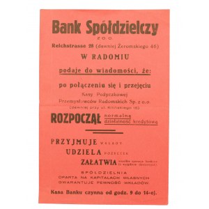 Ulotka Bank Spółdzielczy w Radomiu, II wojna.