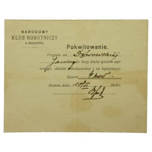 Pokwitowanie Narodowy Klub Robotniczy w Radomiu, 1919 r