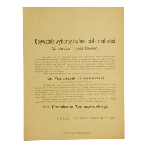 Ulotka wyborcza Zarządu Towarzystwa Właścicieli Realności na wybory do sejmu galicyjskiego.