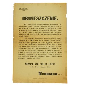 Obwieszczenie magistratu miasta Lwów z 1914r o pozwoleniach na budowę
