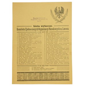 Ulotka z listą Komitetu Zjednoczonych Organizacyi Narodowych m. Lwów, 1911r.
