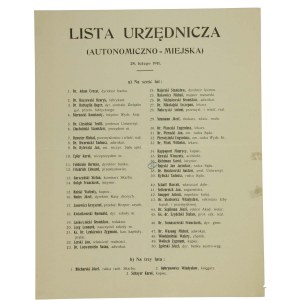 Afisz z listą Urzędniczą na wybory do rady miasta Lwów, 1911r.