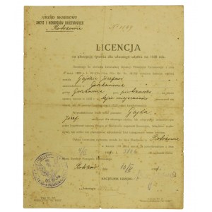 Licencja na plantację tytoniu dla własnego użytku na 1920r.