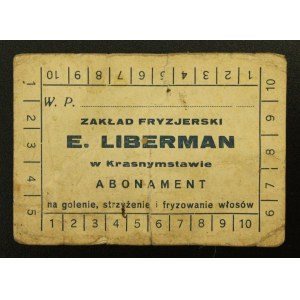 Abonament zakładu fryzjerskiego E.Liberman w Krasnymstawie, II RP.