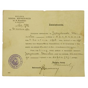 Zaświadczenie ukończenia Miejskiej Szkoły Rzemieślniczej w Warszawie w 1925r.