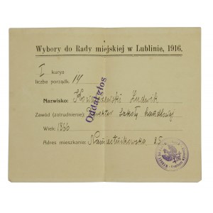 Karta do głosowania dla dyrektora szkoły handlowej, Lublin, 1916r.