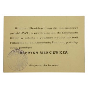 Einladung zur Beerdigungsakademie von Henryk Sienkiewicz, Warschau, 1916