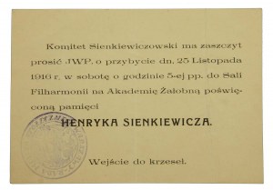 Zaproszenie na akademię żałobną- Henryka Sienkiewicza, Warszawa, 1916 r
