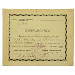 Certificate of Completion of the School of Podchor. Infantry Reserve School, Tomaszów Maz, 1928