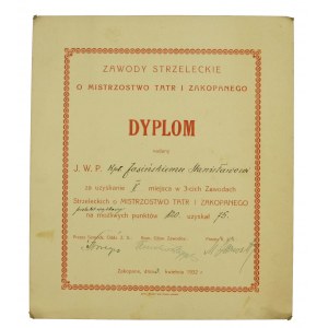 Dyplom - zawody strzeleckie, kpt. Jasiński Zakopane, 1932 r