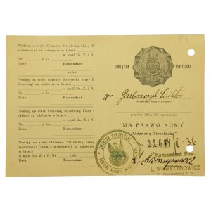 Legitymacja odznaki strzeleckiej - Związek Strzelecki, Włodzimierz Wołyński, 1936 r