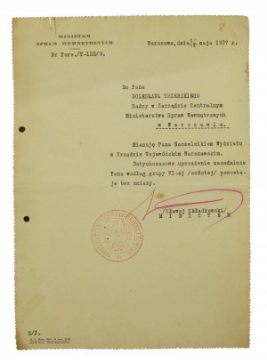 Dokument mianowania Naczelnika Wydziału MSW, Podpis Sławoj Składkowski