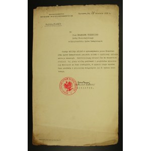 Lobende Urkunde mit der Unterschrift des Innenministers Bronisław Pieracki, Warschau, 1933.