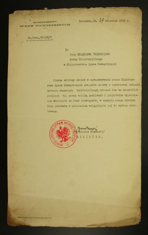 Dokument Pochwała z podpisem Ministra Spraw Wewnętrznych Bronisława Pierackiego, Warszawa, 1933r