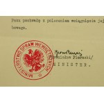 Praise document with signature of Minister of Internal Affairs Bronislaw Pieracki, Warsaw, 1933.