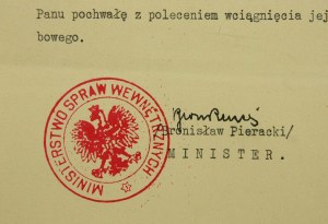 Dokument Pochwała z podpisem Ministra Spraw Wewnętrznych Bronisława Pierackiego, Warszawa, 1933r