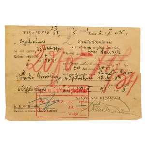 Zawiadomienie o zwolnieniu więźnia - więzienie Częstochowa, 1936r