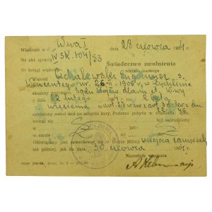 Karte zur Entlassung aus dem Gefängnis Warschau, 28.06.1954
