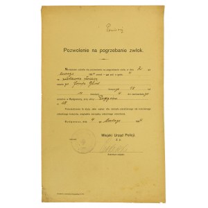 Beerdigungserlaubnis der Polizei, Bromberg, 1924