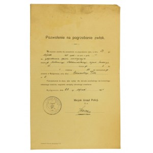Pozwolenie na pogrzeb, policja Bydgoszcz, 1924r