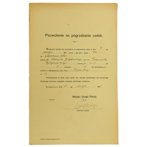 Pozwolenie na pogrzeb, policja, Bydgoszcz, 1924r