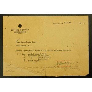 Pismo Szpitala Polowego Mokotowska 55 - Powstanie Warszawskie 1944r