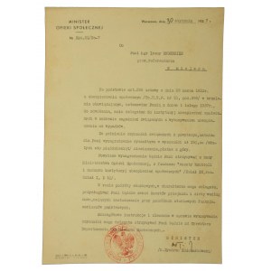 Vom Minister für soziale Wohlfahrt Zyndram Kościałkowski unterzeichnetes Dokument