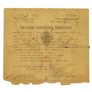 Dokument der Demobilisierung eines Kanonikers des 18. PAC, 1921.