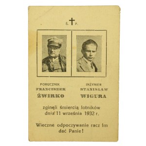 Kartka z modlitwą za zmarłych por. Franciszka Żwirkę i Stanisława Wigurę 1932 r