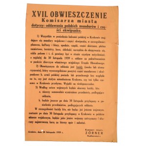 Afisz -order to surrender Polish uniforms, Krakow, November 20, 1939.