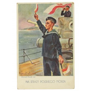 Pocztówka patriotyczna -na straży polskiego morza, II RP