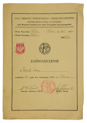 Zaświadczenie ukończenia kursu OPLG, Lwów, 1937r